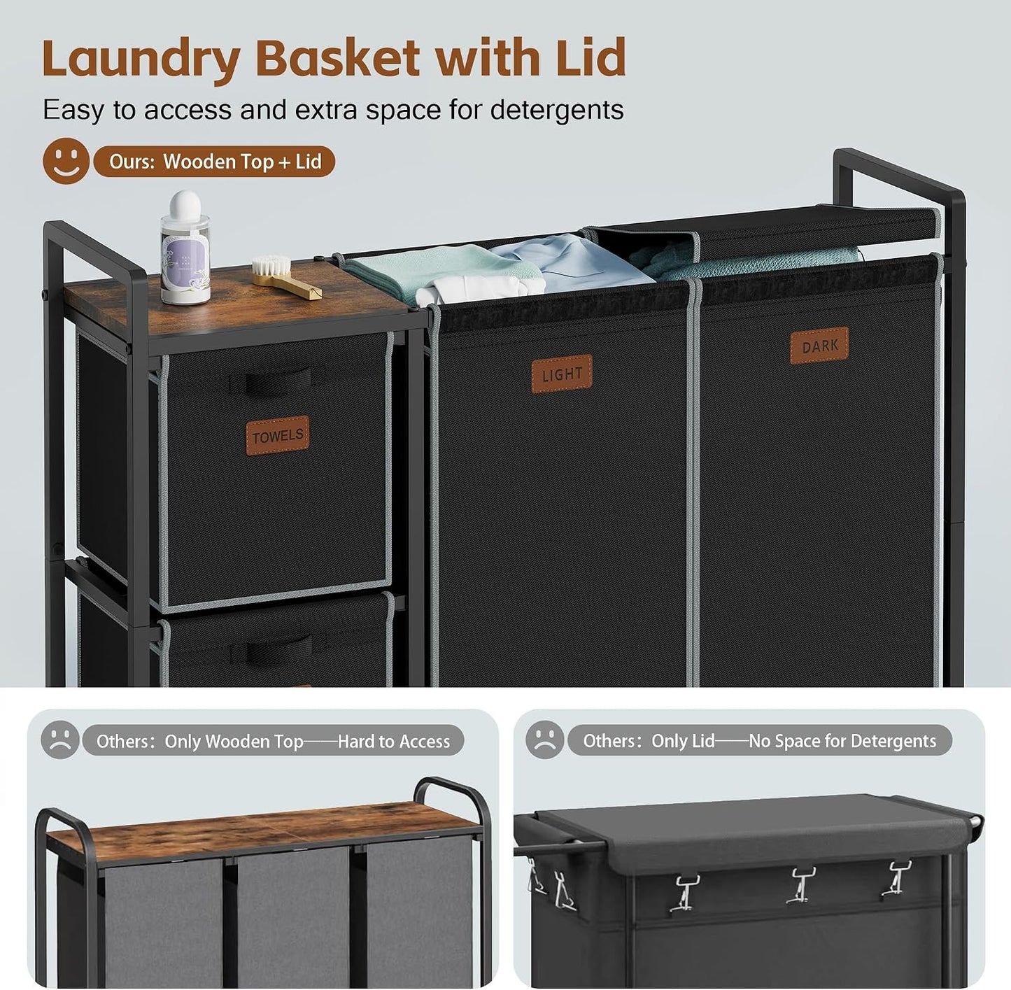 Hoctieon 4 Section Laundry Cart, 52.8 Gal. (200L) Laundry Hamper with Lid, Laundry Basket with Wheels, Rolling Laundry Sorter Organizer with Shelf, Clothes Separator with Removable Bags, Black
