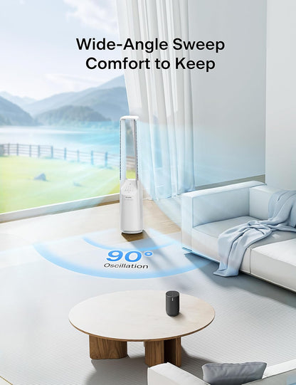 PELONIS 40" 90° Oscillation Bladeless Fan for Bedroom with Remote, White | Bladeless Cooling Tower Fan with 6 Speeds, 4 Modes, 26 ft/s, Brushless DC Motor, Quiet 22dB, 7-Hr Timer for Home, Office Use