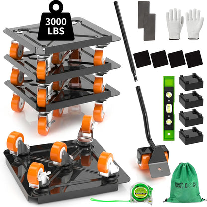 Heavy Duty Furniture Dolly 360 Rotate 5 Wheels 3000 Lbs Capacity 5.3x5.3 in | Furniture Movers with Green Wheels, Measure Tape & Leveler, Alloy Steel Furniture Lifter Tool for Smooth Home & Office Uses