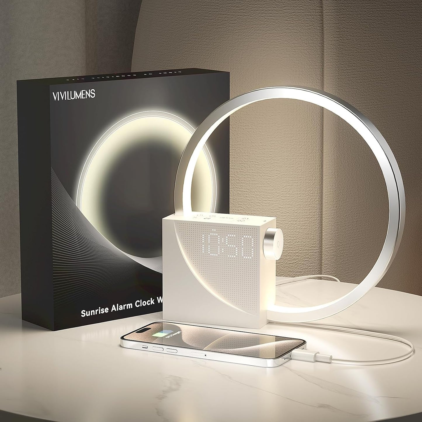 Vivilumens Sunrise Alarm Clock for Heavy Sleepers Adults, Wake-up Light, Sleep Aid 10 White Noise Sound Machines with 30/60/90 Timer, 3 Level Dimmable Touch Table Lamp with Snooze USB Charger Port