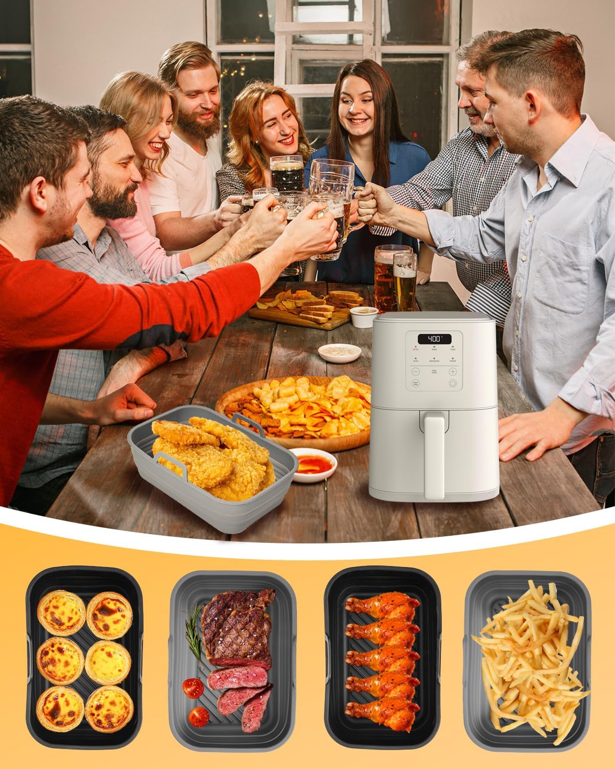 Air Fryer Silicone Liners Collapsible 2-Pack for bella Slim 4Qt(3.3lb) | Reusable Airfryer Silicone Pot Baking Basket Insert Accessories, Non Stick, Easy Cleaning, Gray+Black