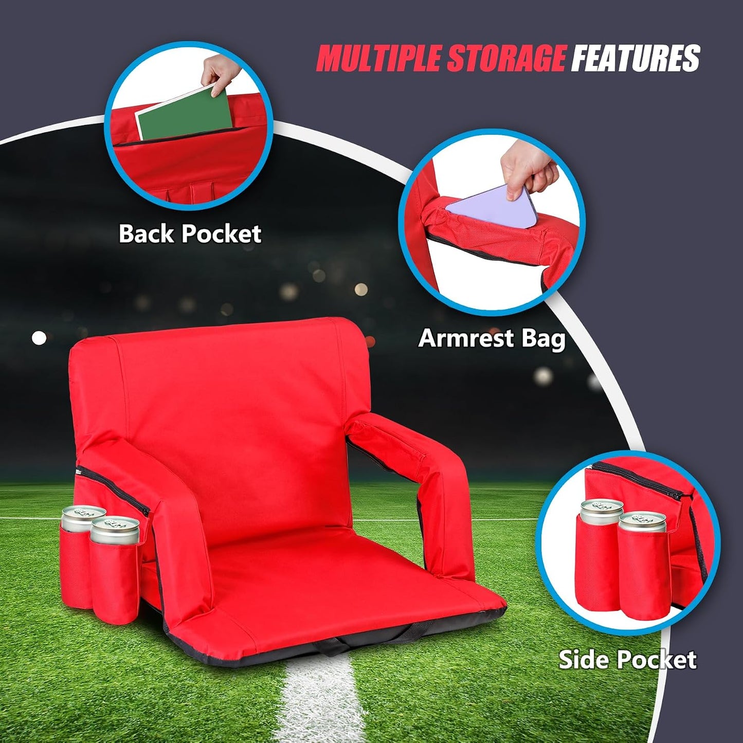 20.5"/25" Wide Stadium Seat for Bleachers w/Back Support Padded Cushion Portable Reclining Bleacher Seats Camping Stadium Chair Waterproof