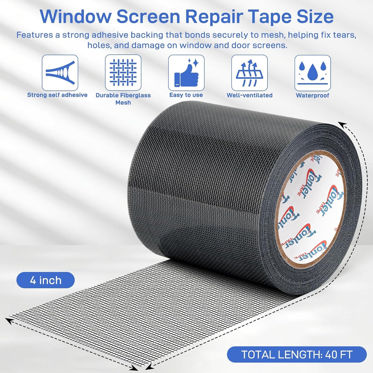 Gray Window Screen Repair Tape 2" x 40FT Fiberglass Strong Adhesive | Waterproof fiberglass mesh repair patch, fixes holes and tears, easy to cut and stick for window door screen repair