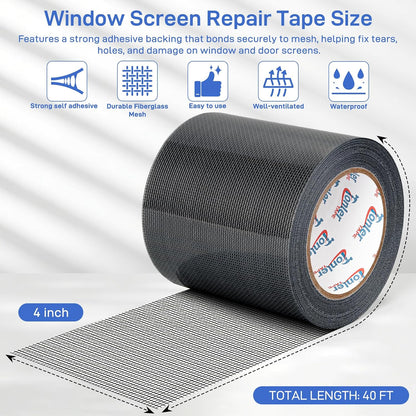 Gray Window Screen Repair Tape 2" x 40FT Fiberglass Strong Adhesive | Waterproof fiberglass mesh repair patch, fixes holes and tears, easy to cut and stick for window door screen repair