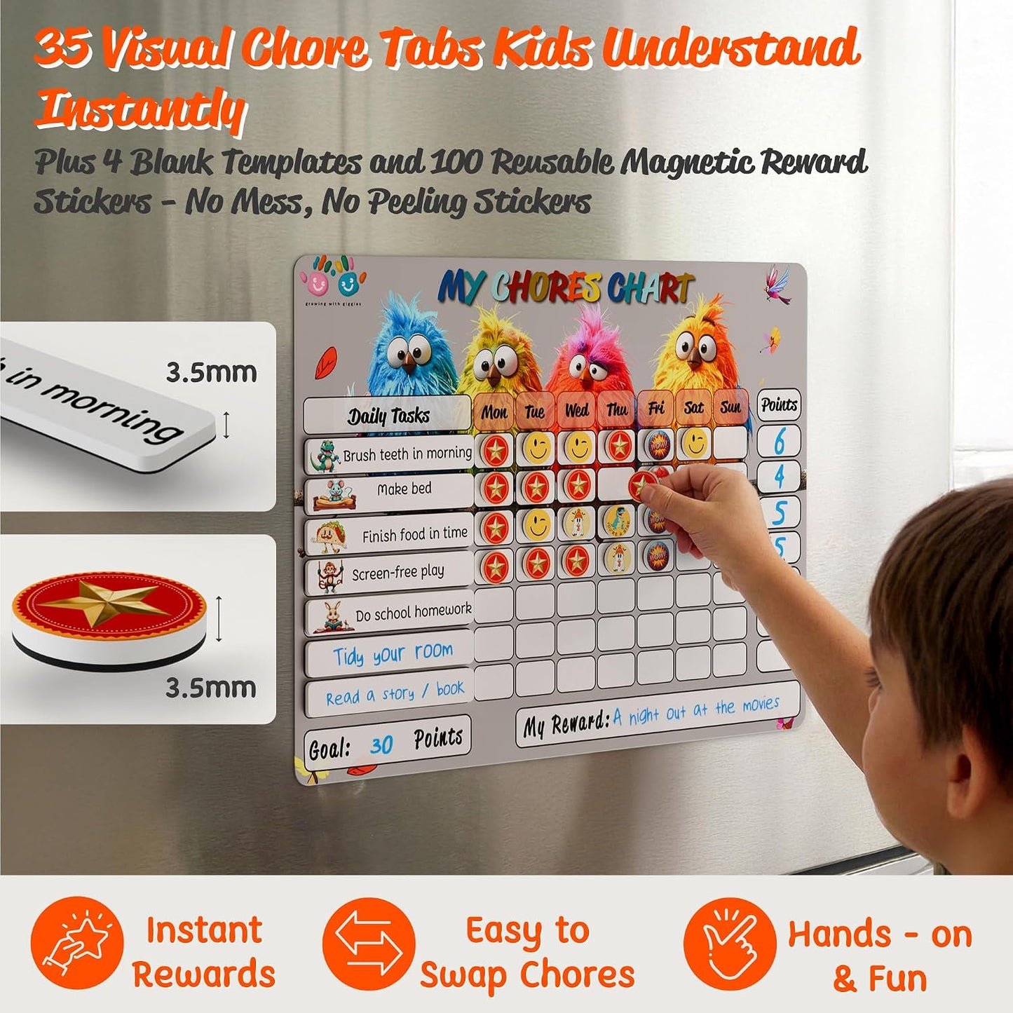 Mimi Doodle Magnetic Chore Chart for Kids – 16x12 Dry Erase Daily Responsibility Board for Fridge with 39 Chore tabs, 100 Reward Stickers – Behavior Chart for Kids at Home – Simple Theme