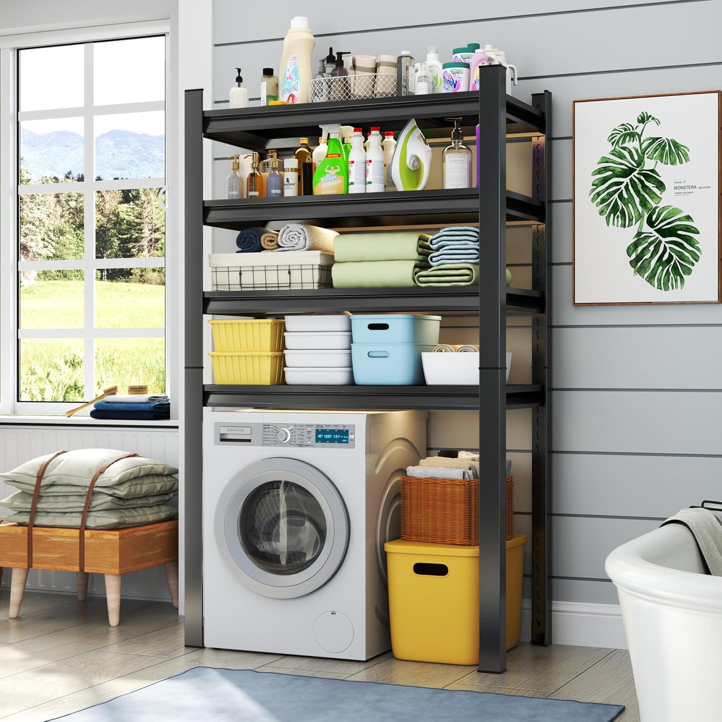 Over Washer and Dryer Shelves, 4 Tiers Adjustable Height Laundry Room Storage and Organizer Standing Shelf, Metal Freestanding Space Saving Organizers Shelf (4-Tier 63" H*45" W*15.7" D)