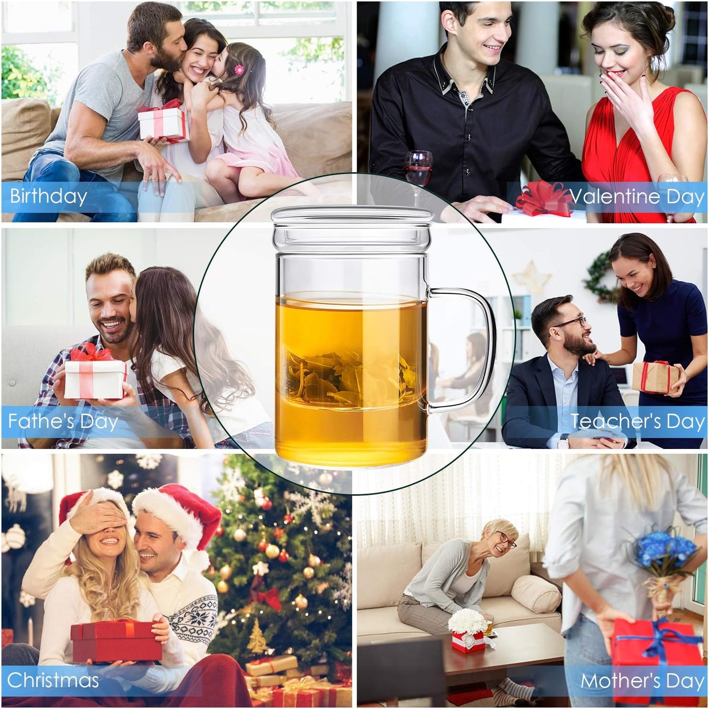 Glass Tea Infuser Cup with Lids and Handle for Blooming & Loose Leaf, 14oz | Borosilicate, Heat Resistance, Lead-free, Microwave & Dishwasher Safe