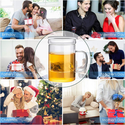 Glass Tea Infuser Cup with Lids and Handle for Blooming & Loose Leaf, 14oz | Borosilicate, Heat Resistance, Lead-free, Microwave & Dishwasher Safe
