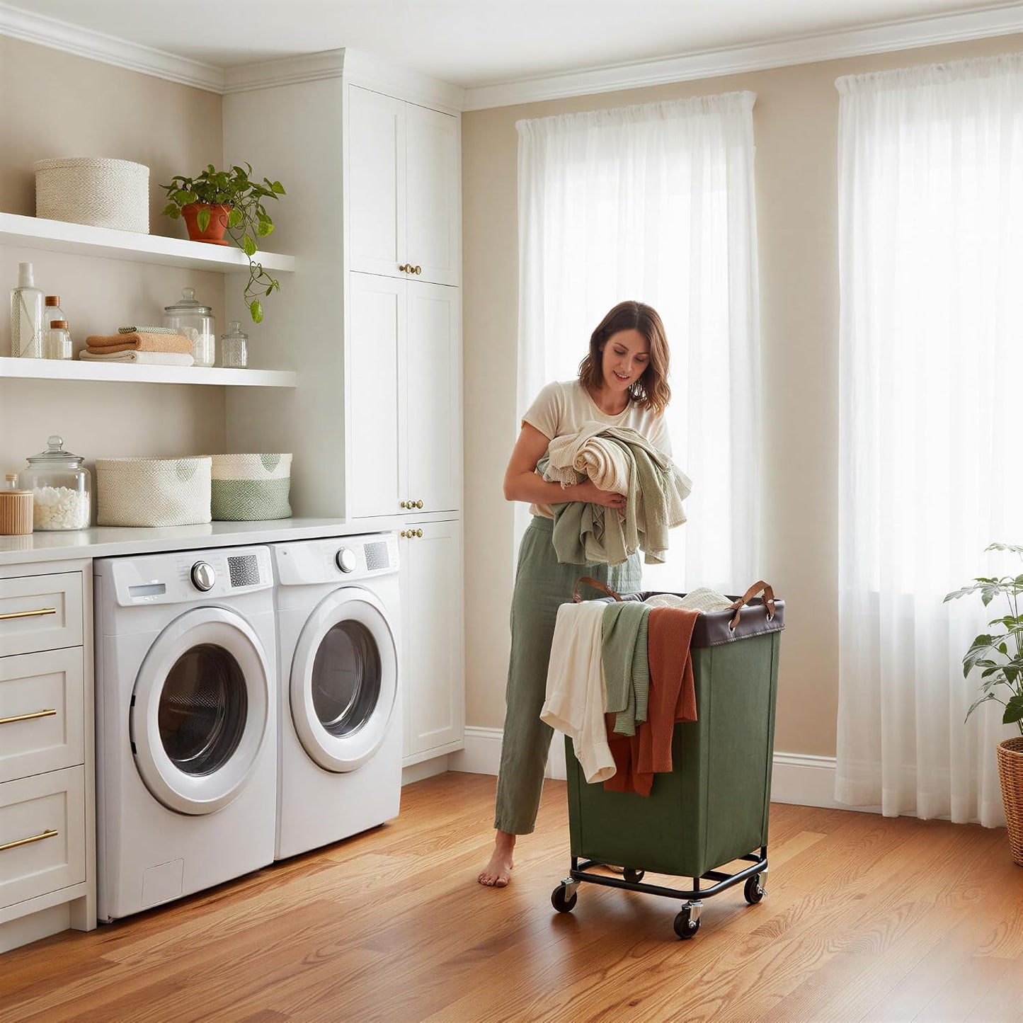 StorageWorks 160L Laundry Basket with Wheels, Rolling Hampers for Clothing | Beige Laundry Basket with Wheels, Metal Frame & Handles, Rolling Hamper for Bedroom, Bathroom, Dorm, Hotel