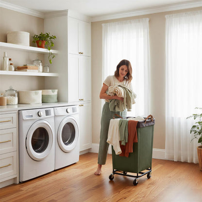 StorageWorks 160L Laundry Basket with Wheels, Rolling Hampers for Clothing | Beige Laundry Basket with Wheels, Metal Frame & Handles, Rolling Hamper for Bedroom, Bathroom, Dorm, Hotel