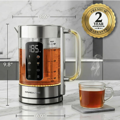 OVENTE 1.8L Glass Electric Kettle with Tea Infuser, Silver KGD752S | 1500W Fast Boiling, Easy Fill Lid, 7 Temperature Control, Keep Warm, Digital Display, Auto Shut-Off, Boil-Dry Protection