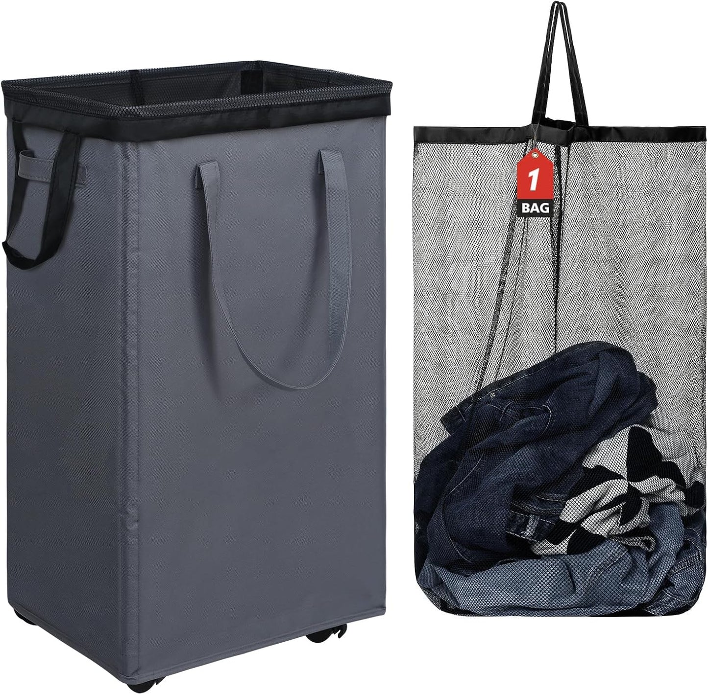 DOKEHOM 25" Slim Rolling Laundry Basket Hamper, Narrow on Wheels, Grey | Collapsible narrow laundry hamper with mesh drawstring closure. Foldable corner clothes storage bin for small spaces