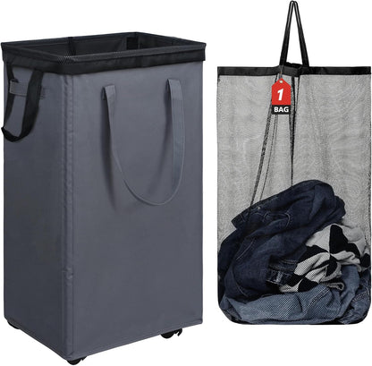DOKEHOM 25" Slim Rolling Laundry Basket Hamper, Narrow on Wheels, Grey | Collapsible narrow laundry hamper with mesh drawstring closure. Foldable corner clothes storage bin for small spaces