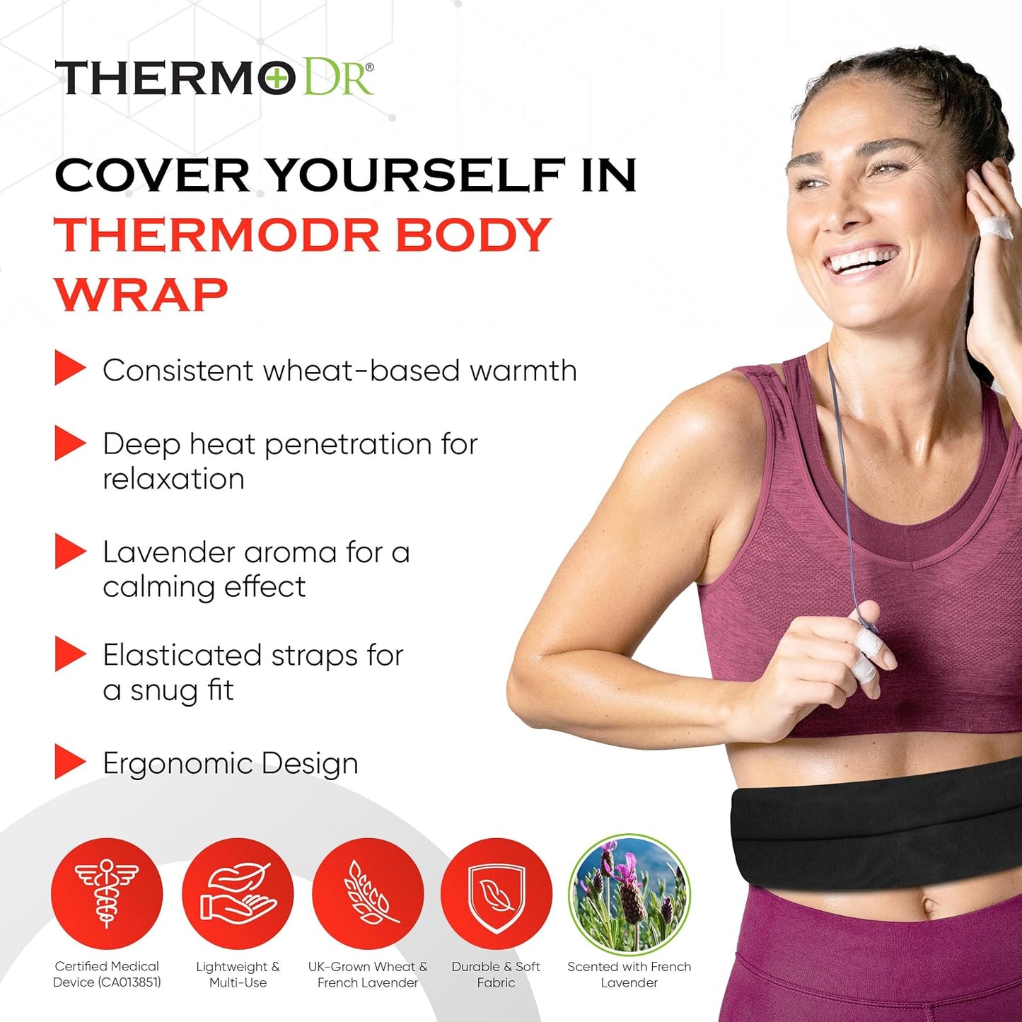Microwavable Heating Pad for Neck, Back, & Shoulders - Heating Bean Bag Microwavable Pillow w/Elasticated Strap - Wheat & Unscented Heating Pad Wrap - ThermoDR, Red