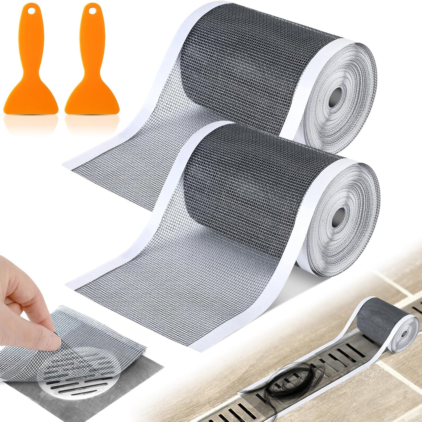 1 Pack Linear Shower Drain Hair Catcher Mesh Stickers Cutable | 4x33ft Disposable Adhesive Mesh Cover for Bathroom Kitchen Bathtub Floor Drains, DIY Install, Includes 2 Removal Tools