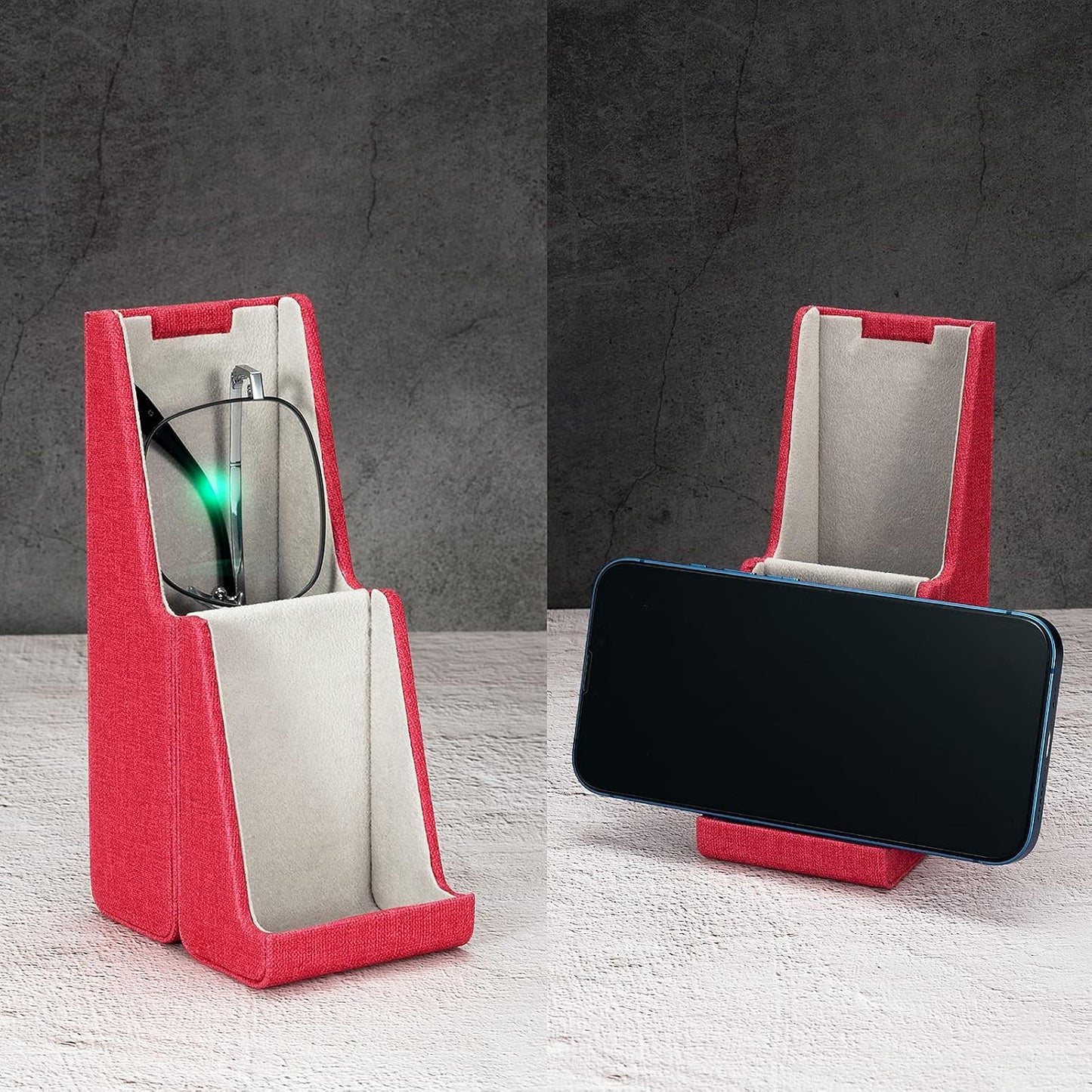 Vemiss Flip-top Glasses Case, Hard Shell Eyeglass Cases & Phone Stand | Unfolds As Phone/Pen Holder. For Desk, Nightstand, Vintage PU Leather, Eye Glass Case for Men Women
