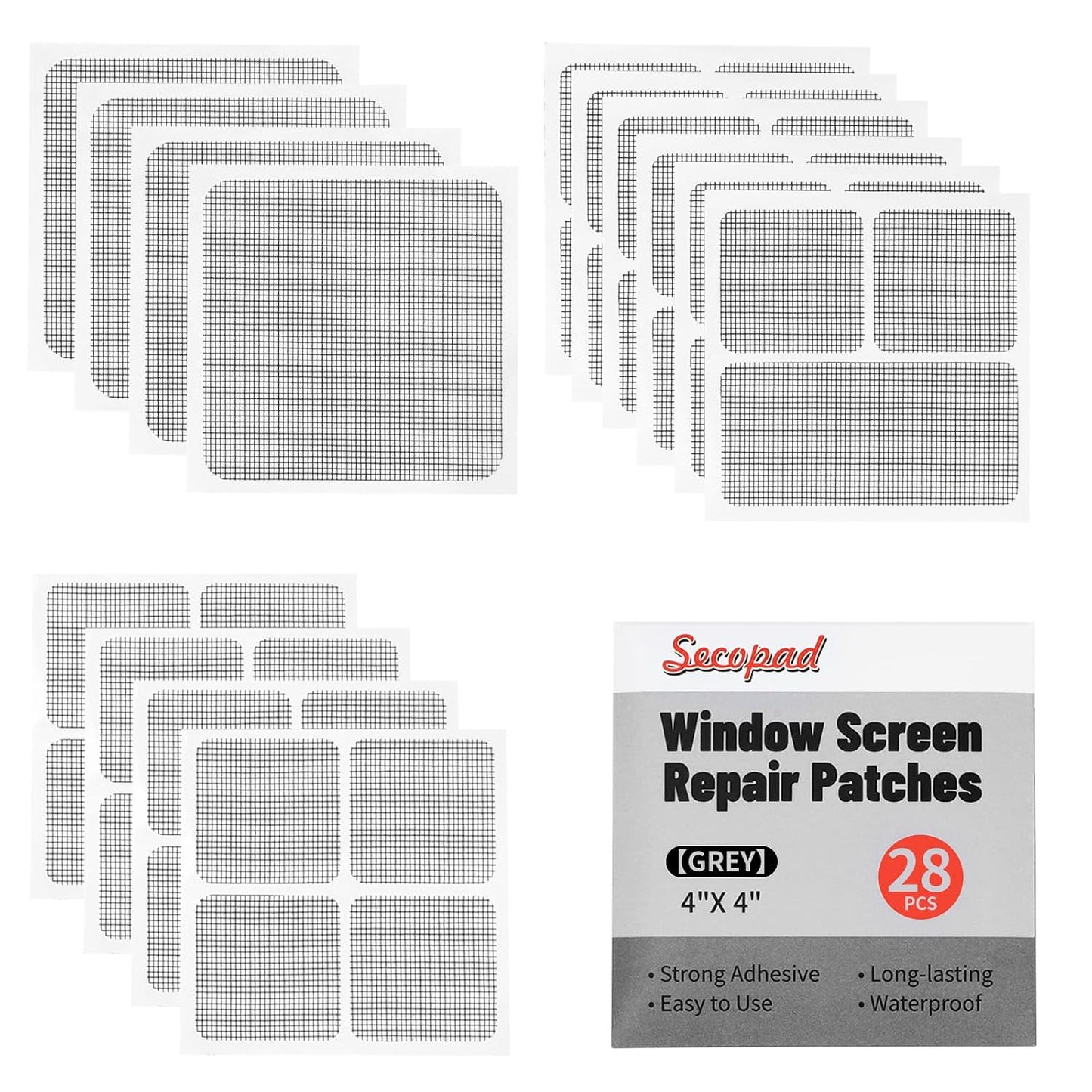 Secopad 14 Sheets Screen Patch Tape, Window Screen Repair Kit, Black | 3 Sizes, Quick Repair, Strong Adhesive, Easy to Use, For Mesh Window & Door, Cuttable Fiberglass, No Tools Needed