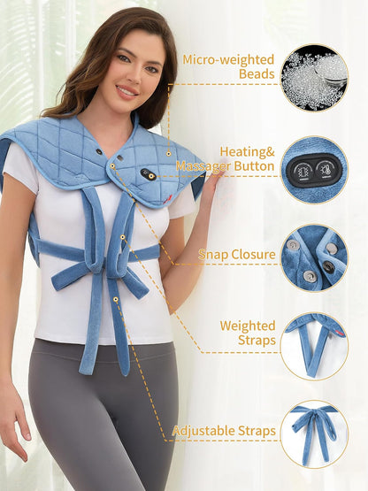 Vofuoti Portable Cordless Heating Pad for Neck and Shoulders with Massager | 12V 15000mAh Battery and 3 Heat Settings, Weighted Electric Rechargeable Heated Neck Shoulder Wrap, 2.6lbs, Gift for Family