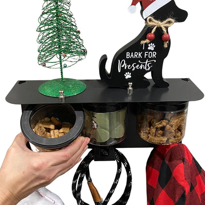 Dog Leash Holder for Wall with Shelf — Wall Mounted Dog Treat Holder & Station, 2 Airtight 32oz Treat Containers, 9 Hooks, Patented Lidless Slide-to-Seal Jars, Solid Steel, Made in USA