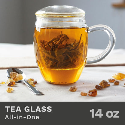 Creano Tea Glass with Infuser and Lid 400ml - Large Tea Cup - Microwave & Dishwasher Safe - Loose Leaf Tea Maker Gift Set