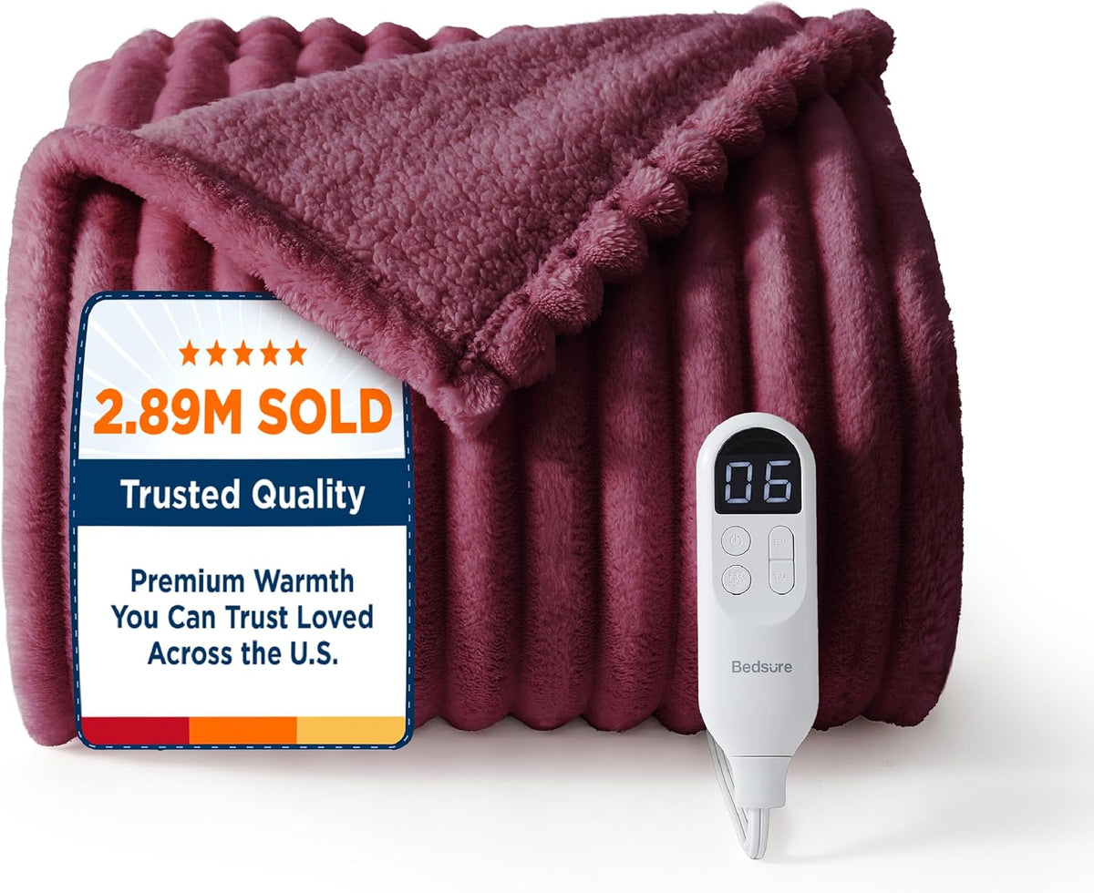Bedsure Heated Blanket Electric Throw - Thick Striped Fast Heating Electric Blanket with Preheat Function, 6 Heat & 6 Timer (Up to 10H), 8H Auto Off, ETL Certified, Gifts for Women (50"x60", White)