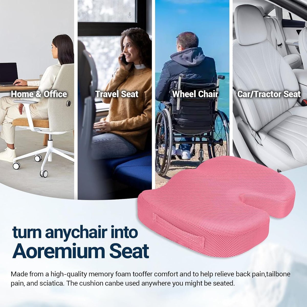 Season Guard Gel Memory Foam Seat Cushion for Tailbone Pain Relief, Black