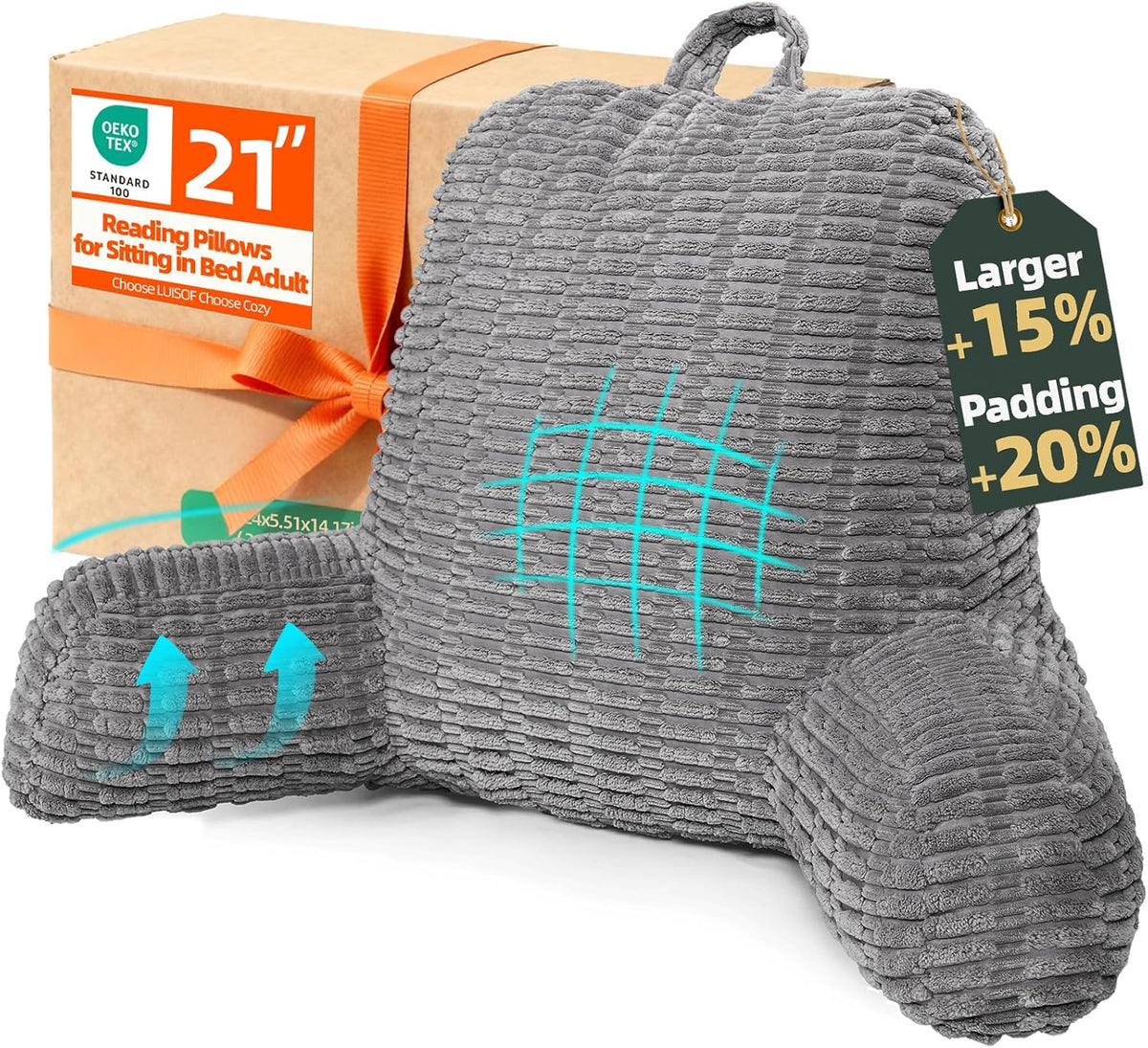 21" Higher Large Reading Pillow for Bed Adult, Back Pillow for Bed Sitting Up with Memory Foam Back Support with Arms Rest for Couch Chair Gray