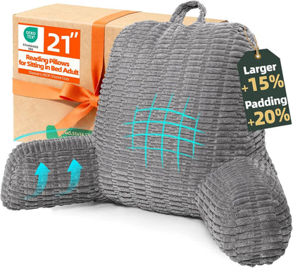 21" Higher Large Reading Pillow for Bed Adult, Back Pillow for Bed Sitting Up with Memory Foam Back Support with Arms Rest for Couch Chair Gray