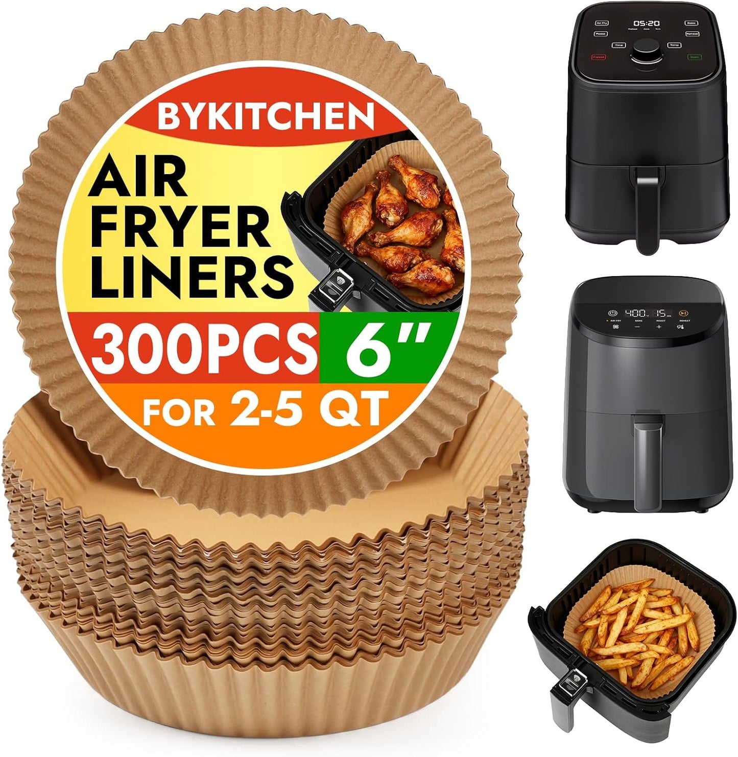 BYKITCHEN 300PCS Small Disposable Air Fryer Liners for 2 to 5QT Airfryer, Round Air Fryer Parchment Paper Liners, Compatible with Ninja AF101 4 QT, CHEFMAN 2 QT, Cosori 2.1QT, Dash 2.6 Quart & More