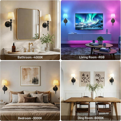 Battery Operated Wall Sconces Set of 2, Wireless Rechargeable Wall Lights with 12 RGB Colors and 3CCT Dimmable, Small Fabric LED Wall Lamps for Bedroom, Living Room, Hallway, Gold