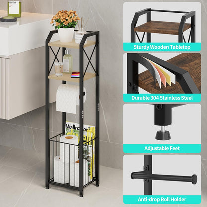 HapiRm Freestanding Toilet Paper Holder - 4-Tier Bathroom Tissue Organizer with Wood Shelves and Large Basket, Toilet Paper Holder Stand for Bathroom, Laundry Room, Apartment - Black（Large）