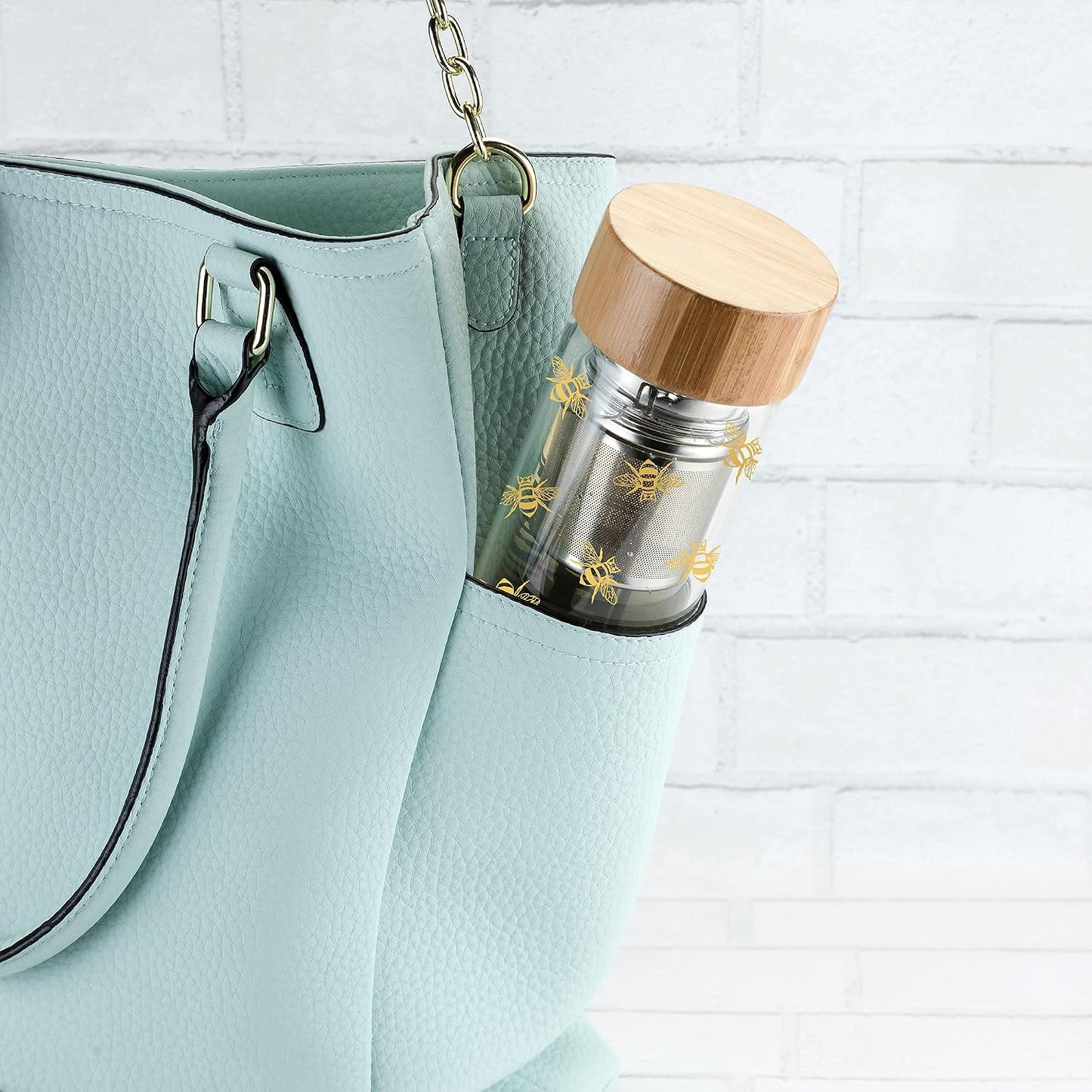 Pinky Up Blair Travel Tea Infuser Mug, Double Walled Insulated Travel Tumbler with Loose Leaf Tea Strainer, Travel Coffee Mug, Keeps Drinks Hot or Cold, 16 oz, White Leaf
