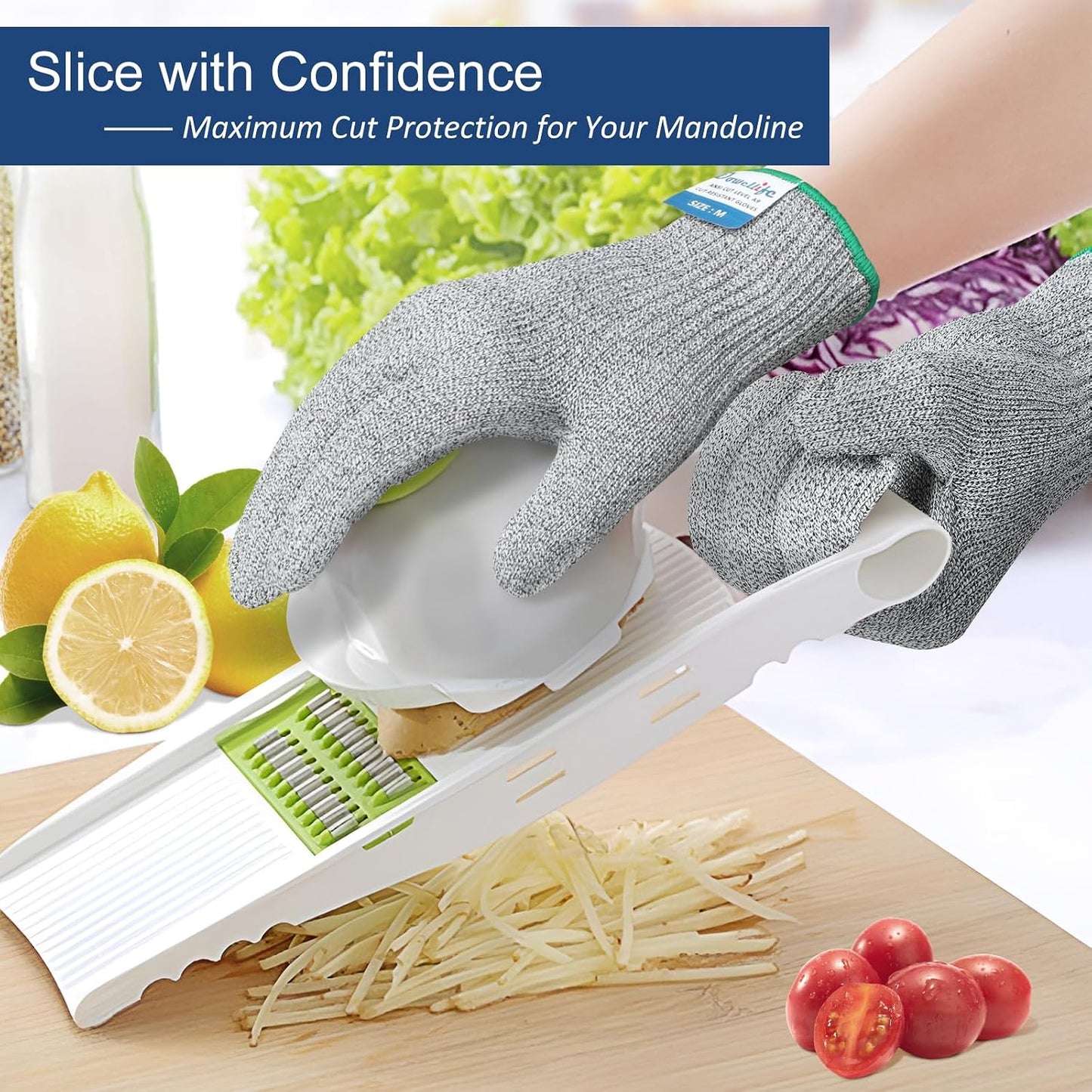 Dowellife Cut Resistant Gloves A9 Maximum Protection - Food Grade Kitchen & Chef Gloves for Food Prep, Knife Cutting, Mandoline Slicing, Butcher, Oyster Shucking, Fish Handling (Medium)
