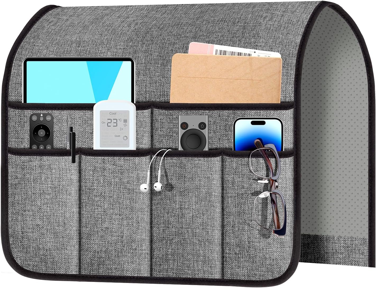 Armchair Caddy & Remote Control Holder for Couch & Recliner | Non-Slip Armrest Organizer with 6 Pockets for TV Remote, Phone, Tablet, Magazine & More, 19 x 35 Inches, Gray