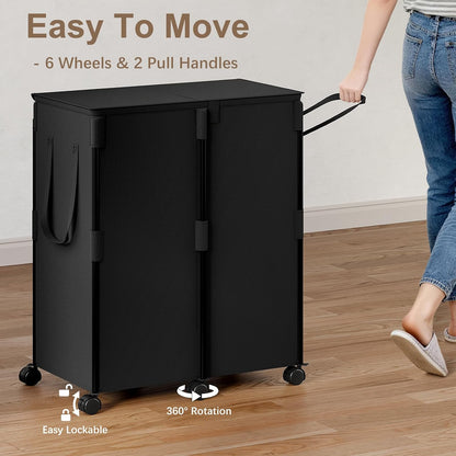 140L Double Laundry Hamper with Lid and 6 Wheels, Rolling Laundry Basket | Gasvadivum Metal Frame Laundry Sorter 2 Section with 2 Removable Bags, Large Clothes Cart for Bedroom, Bathroom, Black