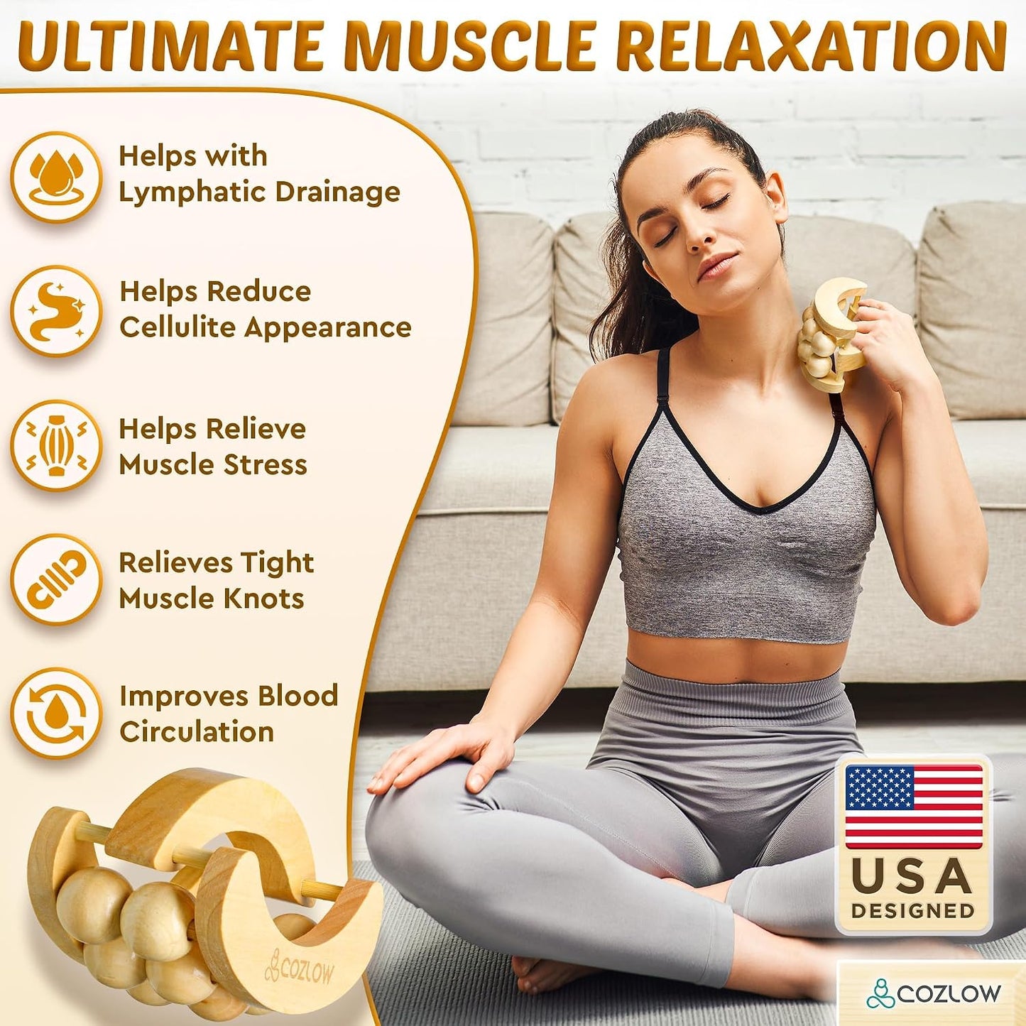 Handheld Lymphatic Drainage Massager - May Reduce Appearance of Cellulite | Cozlow manual massage tool w/ 7 rolling balls, helps support lymph system care, promotes healthy circulation & smoother skin