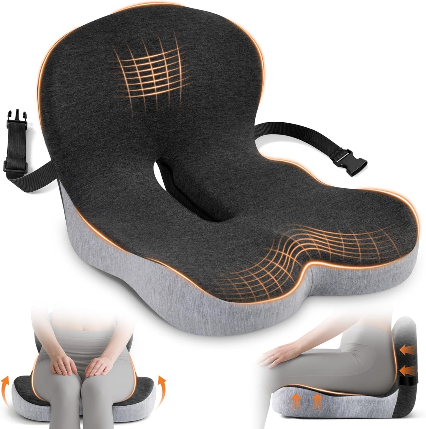 Seat Cushion, Office Chair Cushions for Tailbone Relief, Seat Cushions for Office Chair with L-Shaped Ergonomic Design & Adjustable Strap, Memory Foam Chair Cushion for Long Sitting (Black Gray)
