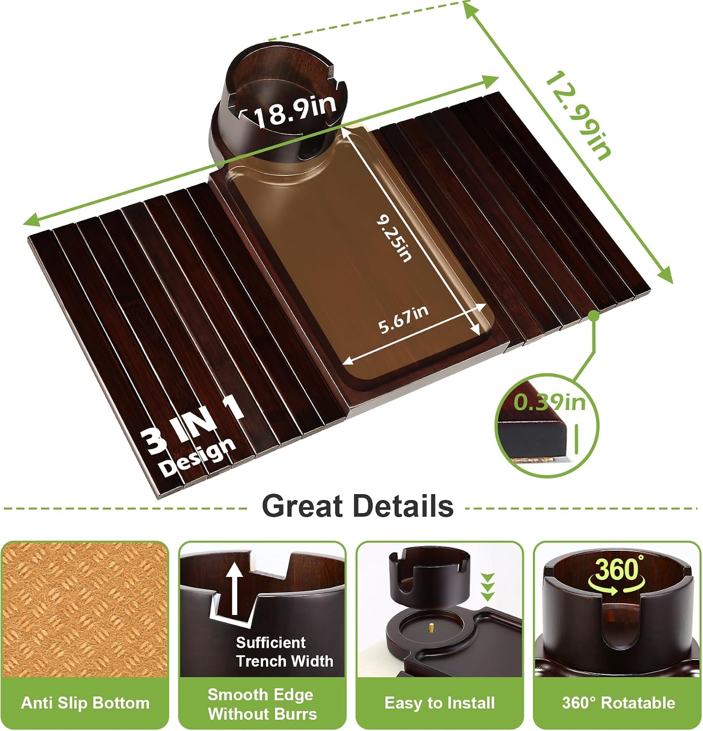 Couch Cup Holder - 3 in 1 Sofa Arm Tray with 360° Rotating Cup Holder & Phone Stand,Arm Chair Rest Table Fits Various of Large Width Couches Armrest,Anti-Slip Foldable Couch Tray for Drinks