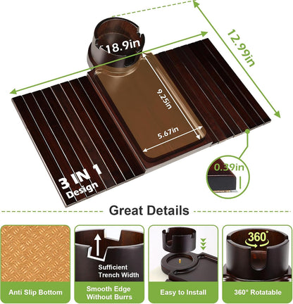 Couch Cup Holder - 3 in 1 Sofa Arm Tray with 360° Rotating Cup Holder & Phone Stand,Arm Chair Rest Table Fits Various of Large Width Couches Armrest,Anti-Slip Foldable Couch Tray for Drinks