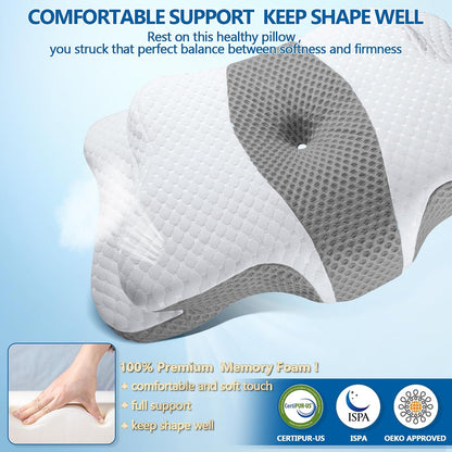 CHxxy Memory Foam Pillows, Cervical Pillow for Neck & Shoulder Pain Relief | Ergonomic Contour Bed Pillow, Soft for Side Sleep Stomach Sleeping and Back Sleeper-Queen Size&Grey