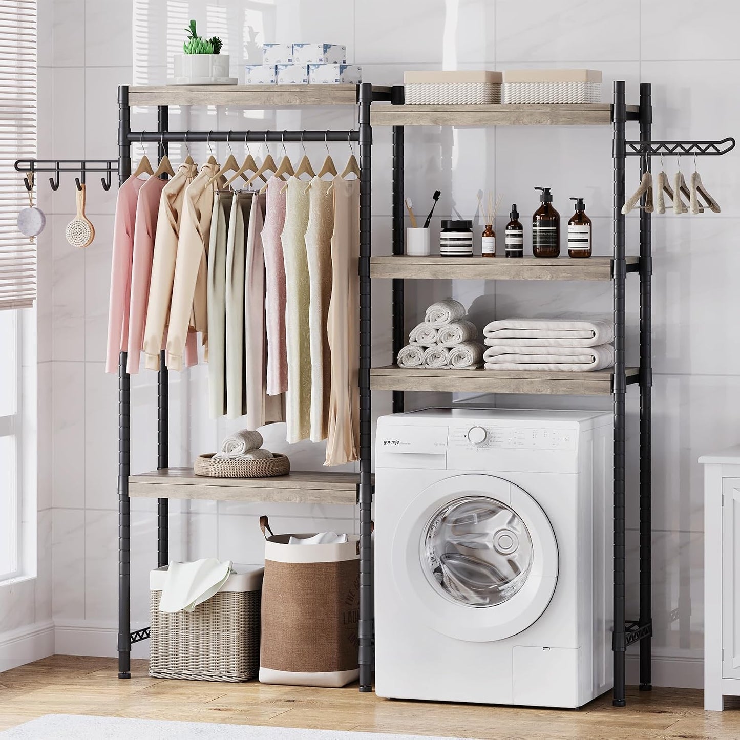 IDEALHOUSE Laundry Room Organization and Storage,5 Tier Wood Over The Washer and Dryer Storage Shelf with Drying Clothes Racks,Space Saver Heavy Duty Bathroom Laundry Shelf for Home Storage and Decor