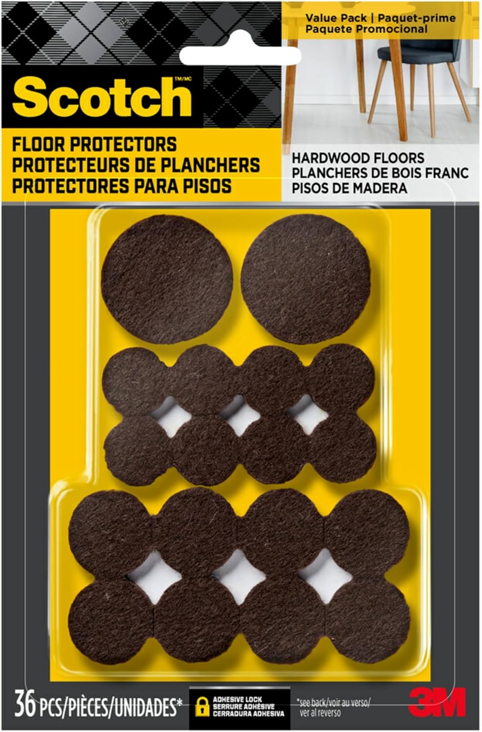 Scotch Furniture Caster Cups, Non-Slip Floor Protectors, Brown, 36 Count