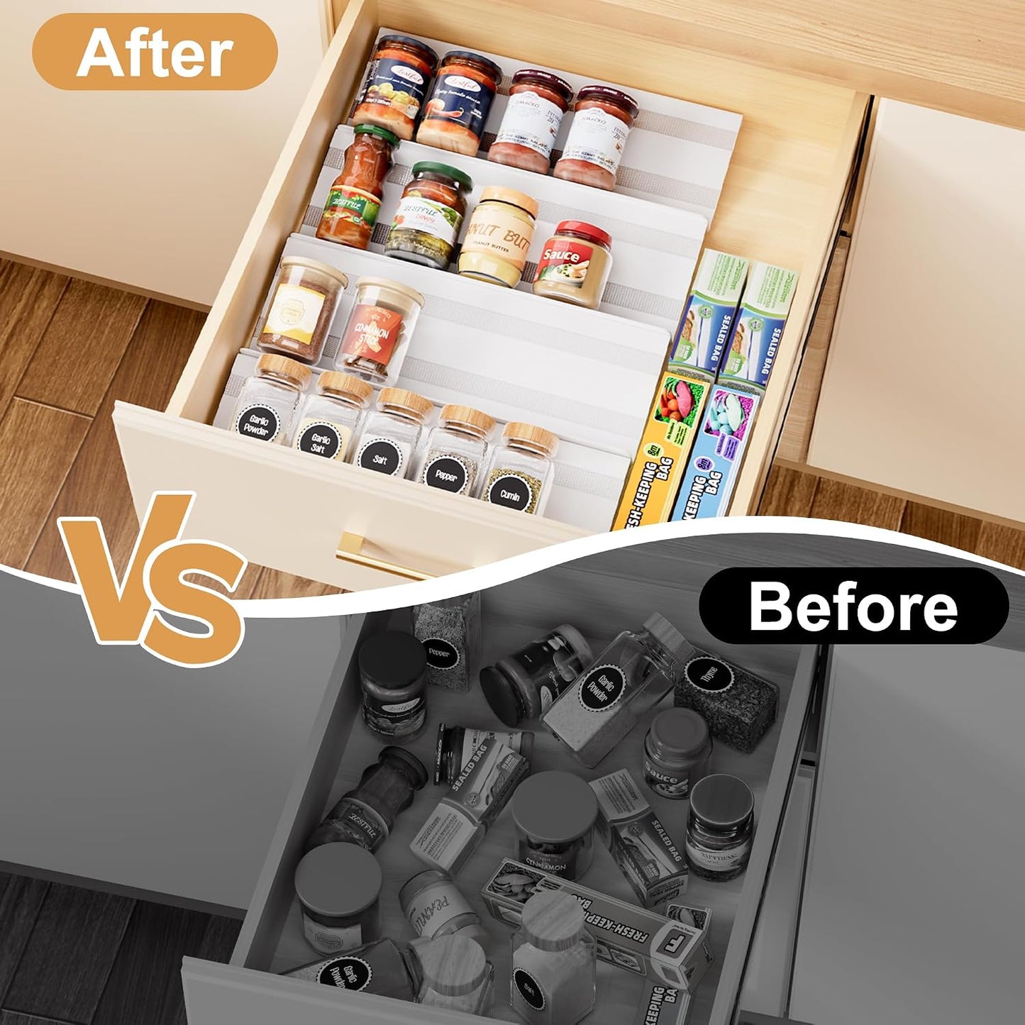 8-Pack Spice Drawer Organizer, Expandable Acrylic Seasoning Rack (13" to 26") with Anti-Slip Mat, Kitchen Spice Rack Holds up to 56 Jars (Jars Not Included)