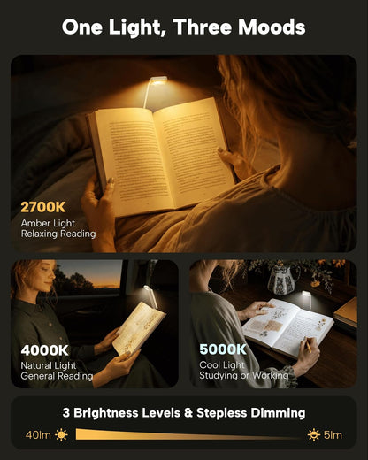 86lux Book Light, Rechargeable Clip-On LED Reading Light for Bed | 3 Color Temperatures with Stepless Dimming, Ultralight Bookmark Design for Book Lovers, Grey