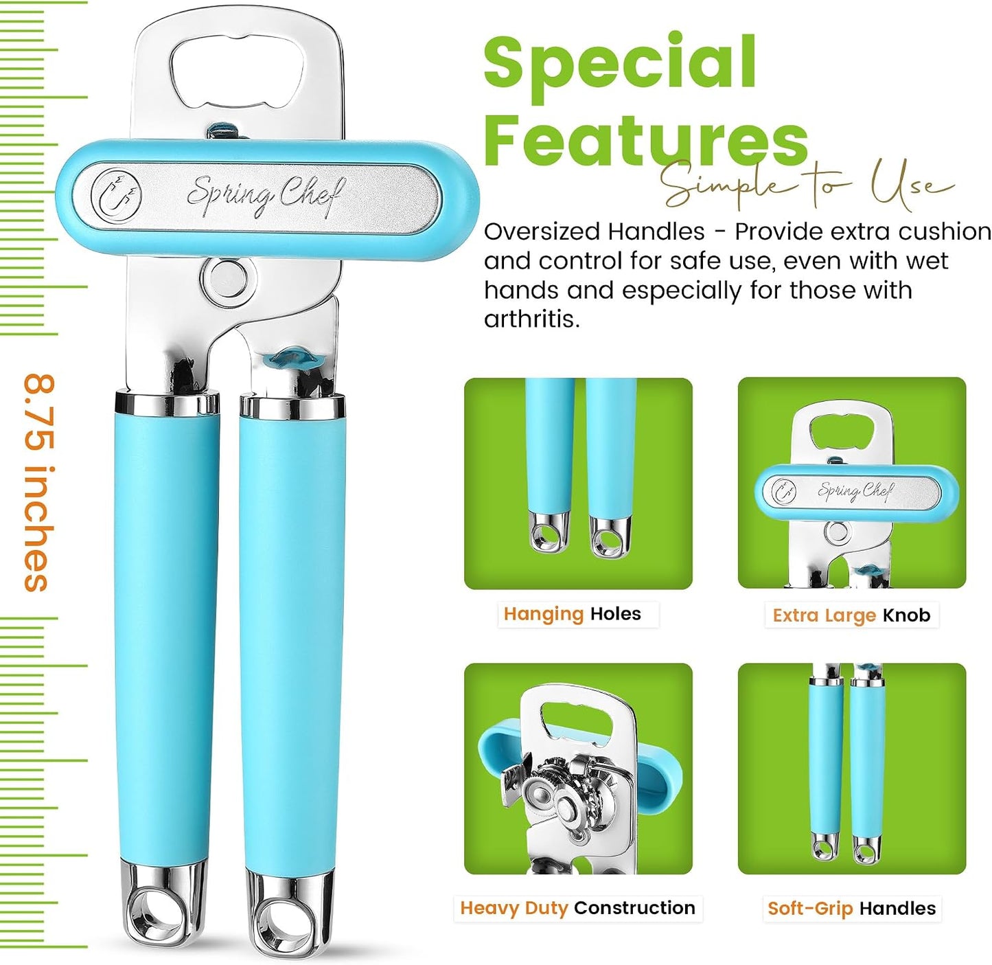 Spring Chef Stainless Steel Manual Can Opener with Soft Grip Handles, Black | Heavy Duty Hand Can Opener for Seniors with Smooth Edge, Easy Turn, 3in1 Can Opener with Magnetic Lid Remover & Bottle Opener