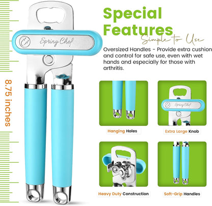 Spring Chef Stainless Steel Manual Can Opener with Soft Grip Handles, Black | Heavy Duty Hand Can Opener for Seniors with Smooth Edge, Easy Turn, 3in1 Can Opener with Magnetic Lid Remover & Bottle Opener