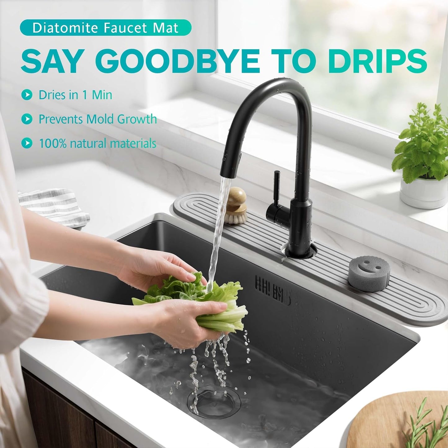 Stone Faucet Mat for Kitchen Sink – Diatomite Fast-Drying Stone Tray, Faucet Mat Sink Splash Guard, Decorative Sink Protector for Kitchen Bathroom Counter (Light Grey, 20''x3.9'')