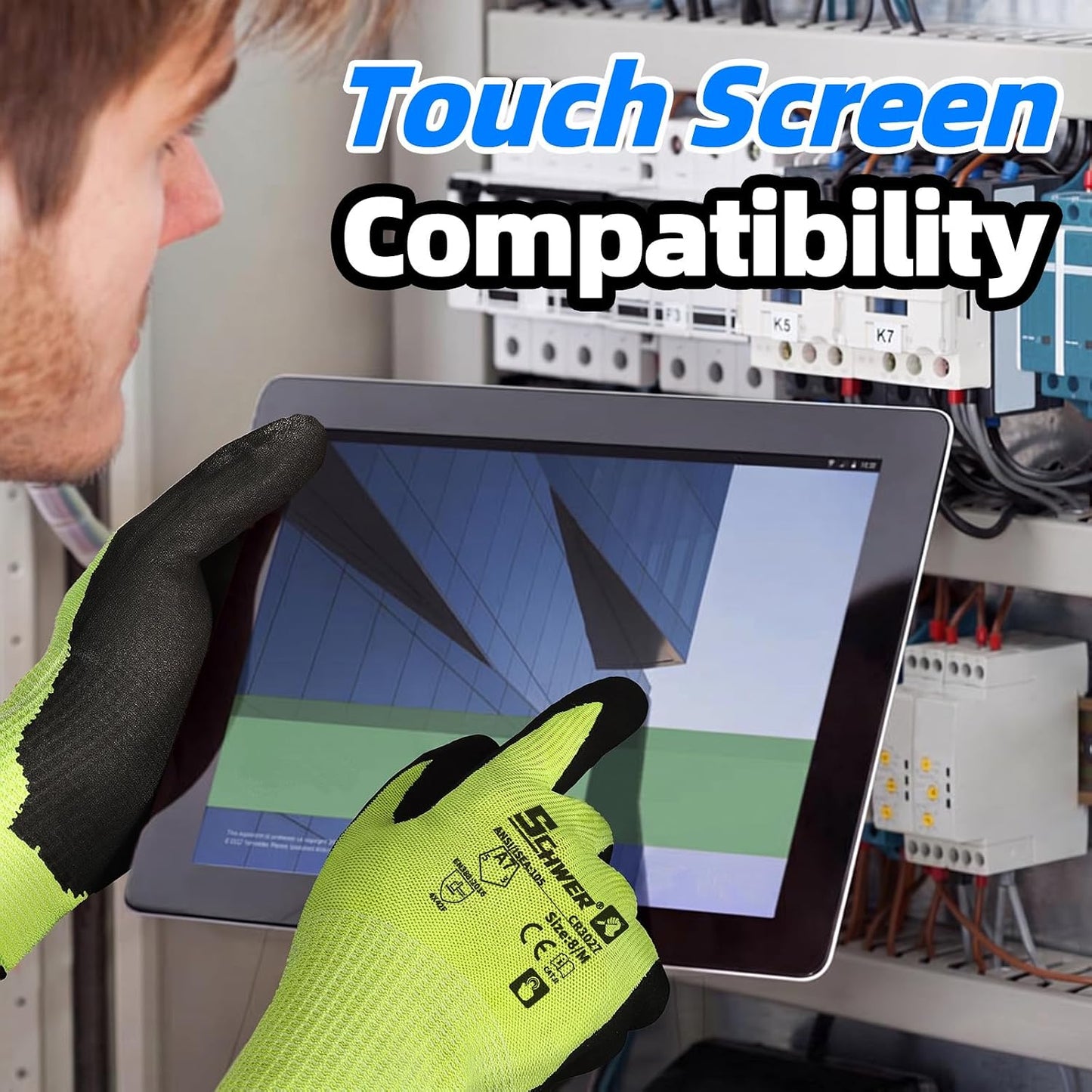 Schwer 2 Pairs A7 Cut Resistant Work Gloves, Touchscreen, CR3027, L | Sandy Nitrile Coated, Superior Grip, Used for Woodworking, Glass Cutting, Construction, Cargo Handling, Gardening, Car Repair