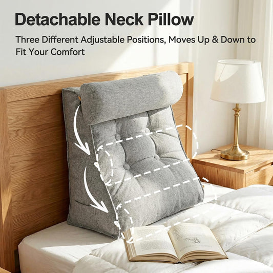 23" H Bed Wedge Reading Pillow with Adjustable Headrest, Reading Pillow for Sitting in Bed Couch Adult Backrest Pillow for Neck Back Lumbar Support with Removable Washable Cover Light Gray