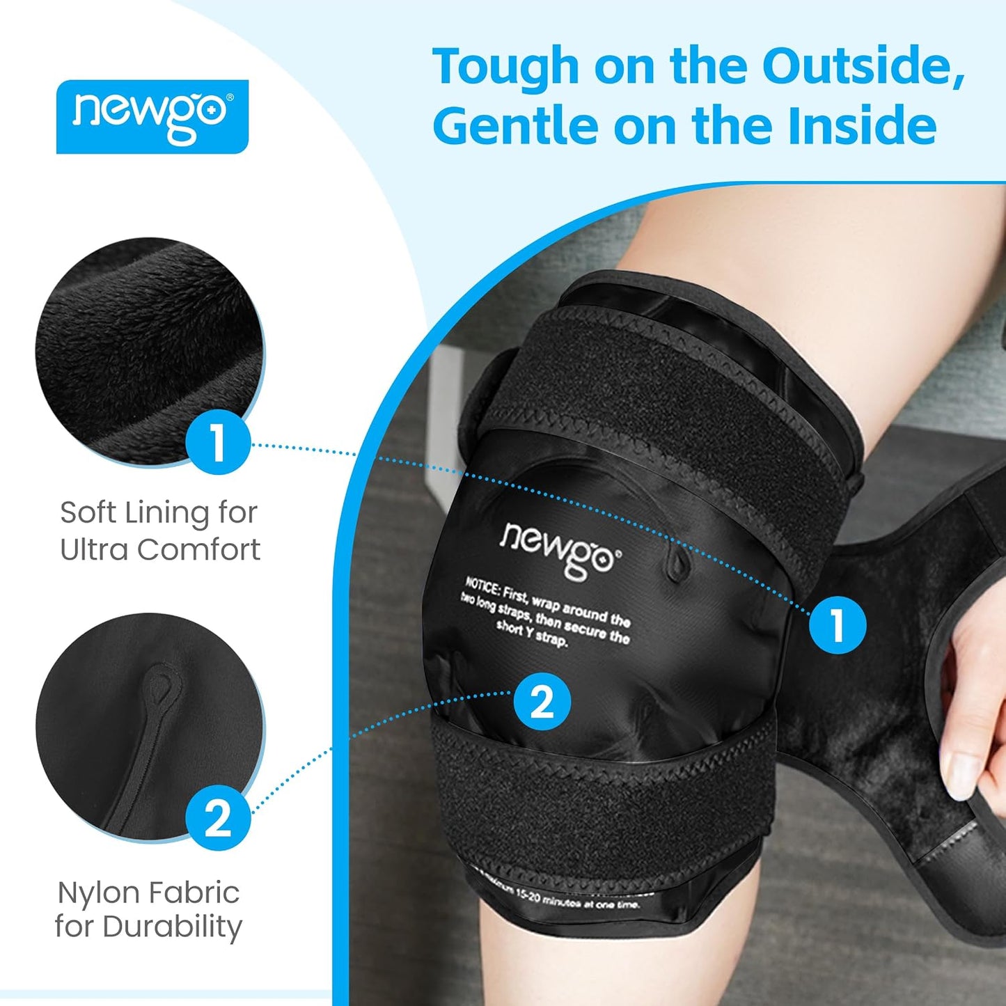 NEWGO Knee Ice Pack Wrap, 360° Full Wrap, Blue | Y-shaped Strap Stays Put, Reusable for Knee Replacement, ACL, Arthritis, Swelling, and Sports Injuries, 21.7" x 9.8"